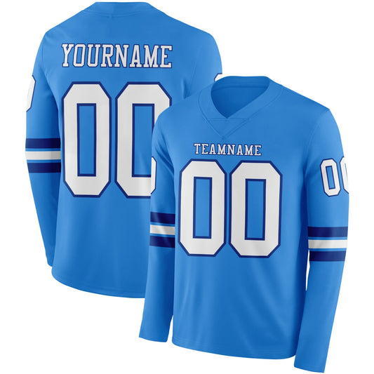 Custom Powder Blue White-Royal Long Sleeve Authentic Football Jersey - Main View