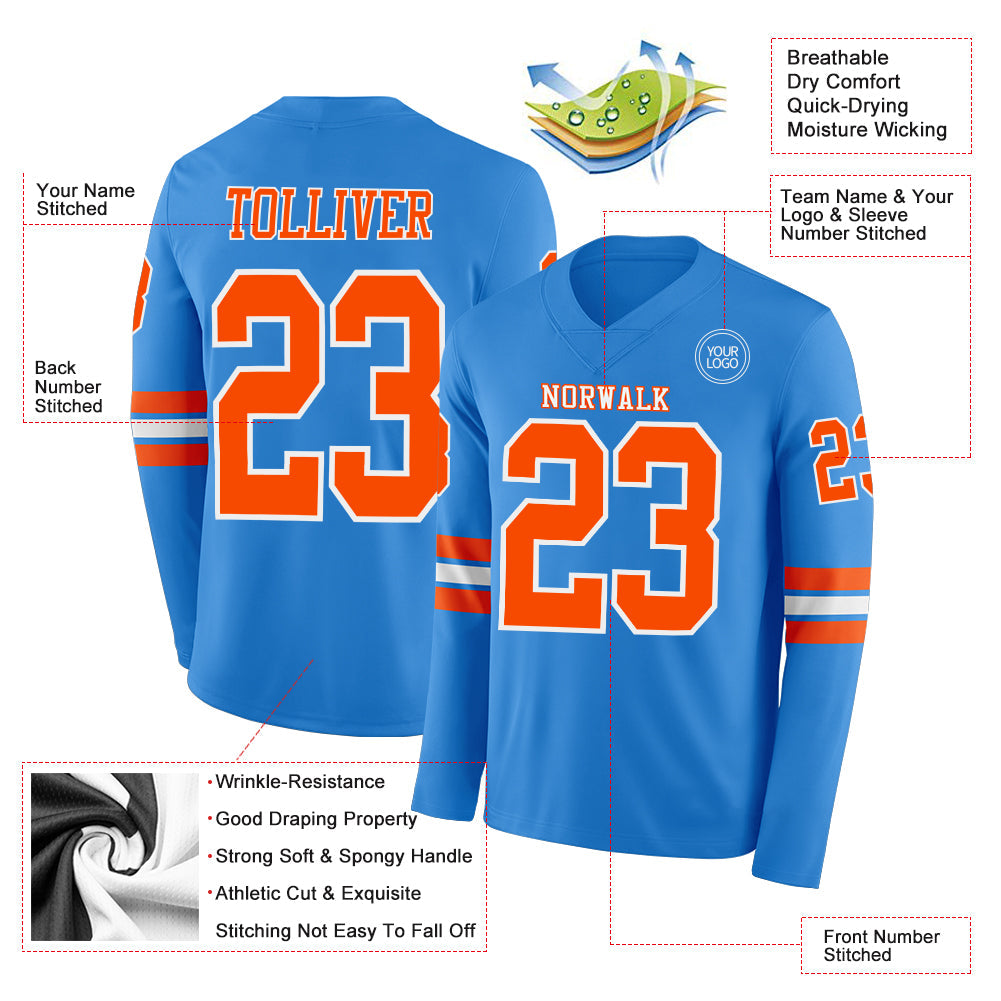 Custom Powder Blue Orange-White Long Sleeve Authentic Football Jersey view 2