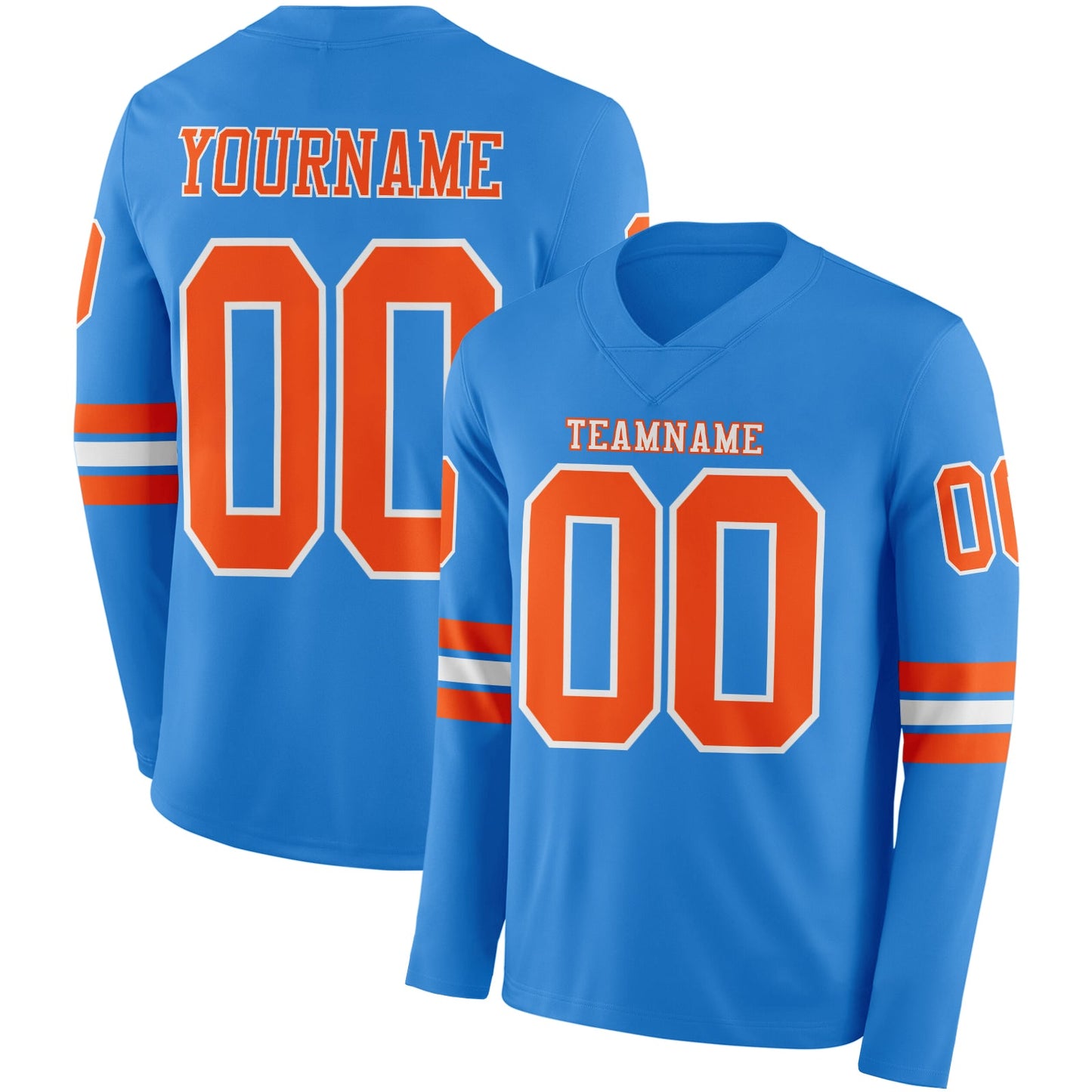 Custom Powder Blue Orange-White Long Sleeve Authentic Football Jersey - Main View
