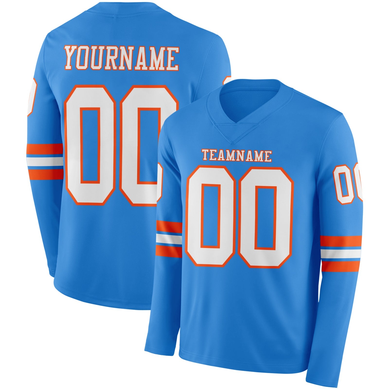 Custom Powder Blue White-Orange Long Sleeve Authentic Football Jersey - Main View