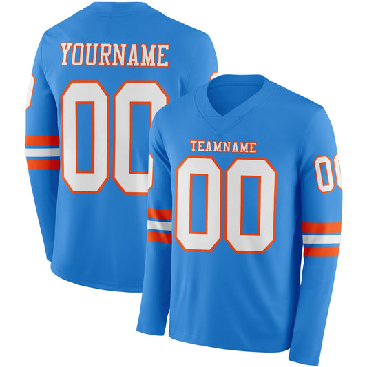 Custom Powder Blue White-Orange Long Sleeve Authentic Football Jersey - Main View