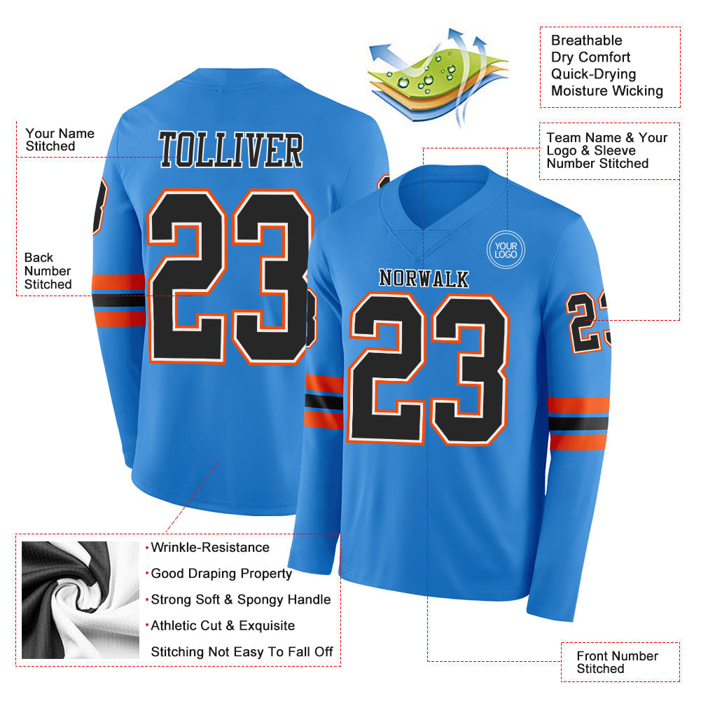 Custom Powder Blue Black White-Orange Long Sleeve Authentic Football Jersey view 2