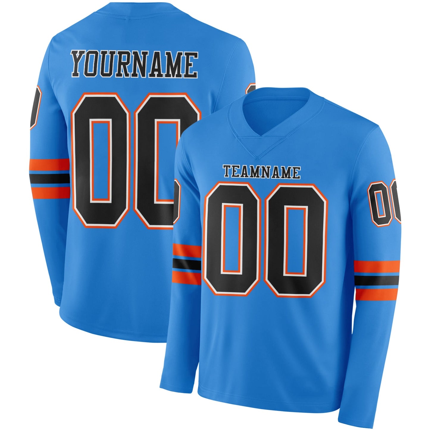 Custom Powder Blue Black White-Orange Long Sleeve Authentic Football Jersey - Main View