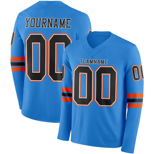Custom Powder Blue Black White-Orange Long Sleeve Authentic Football Jersey - Main View
