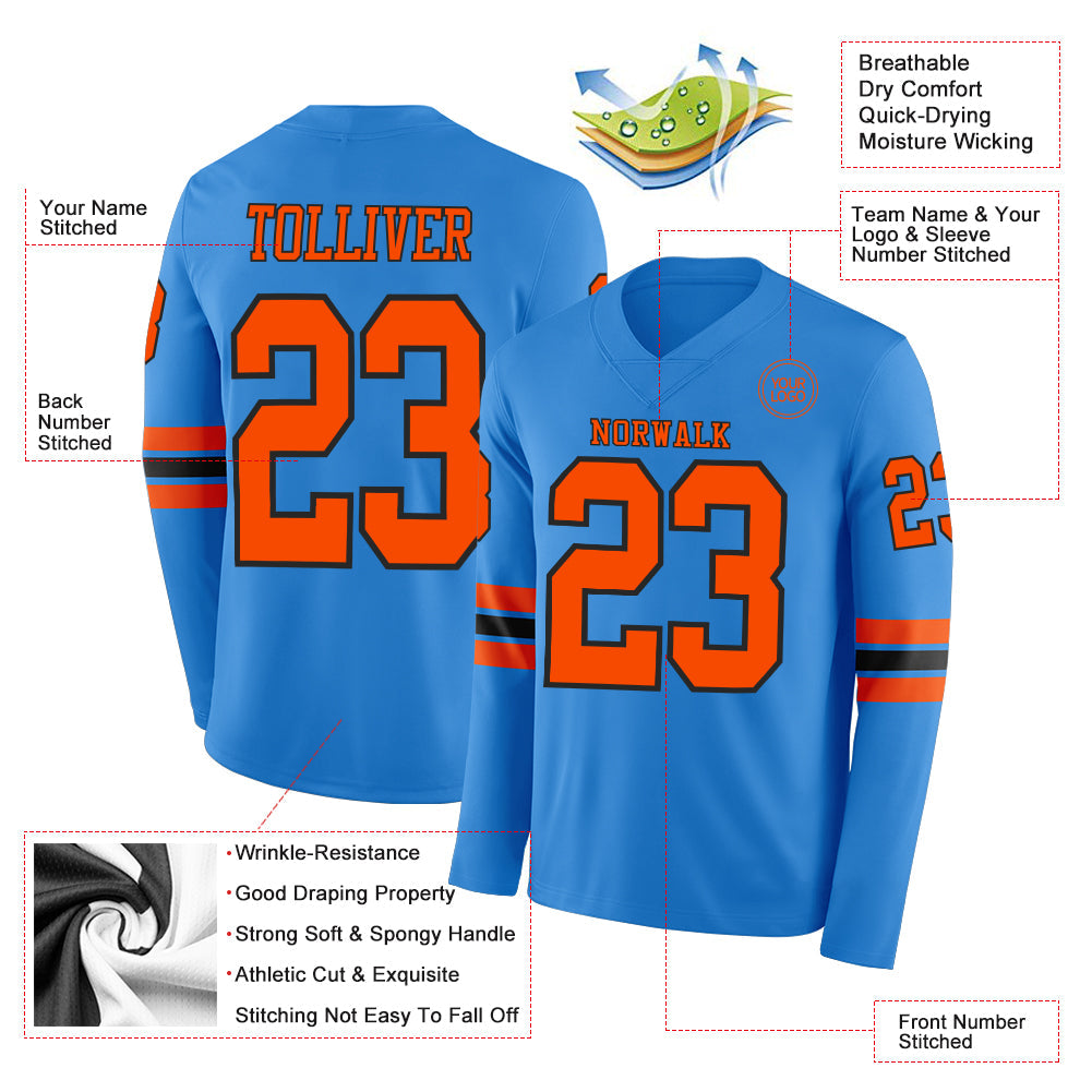 Custom Powder Blue Orange-Black Long Sleeve Authentic Football Jersey view 2