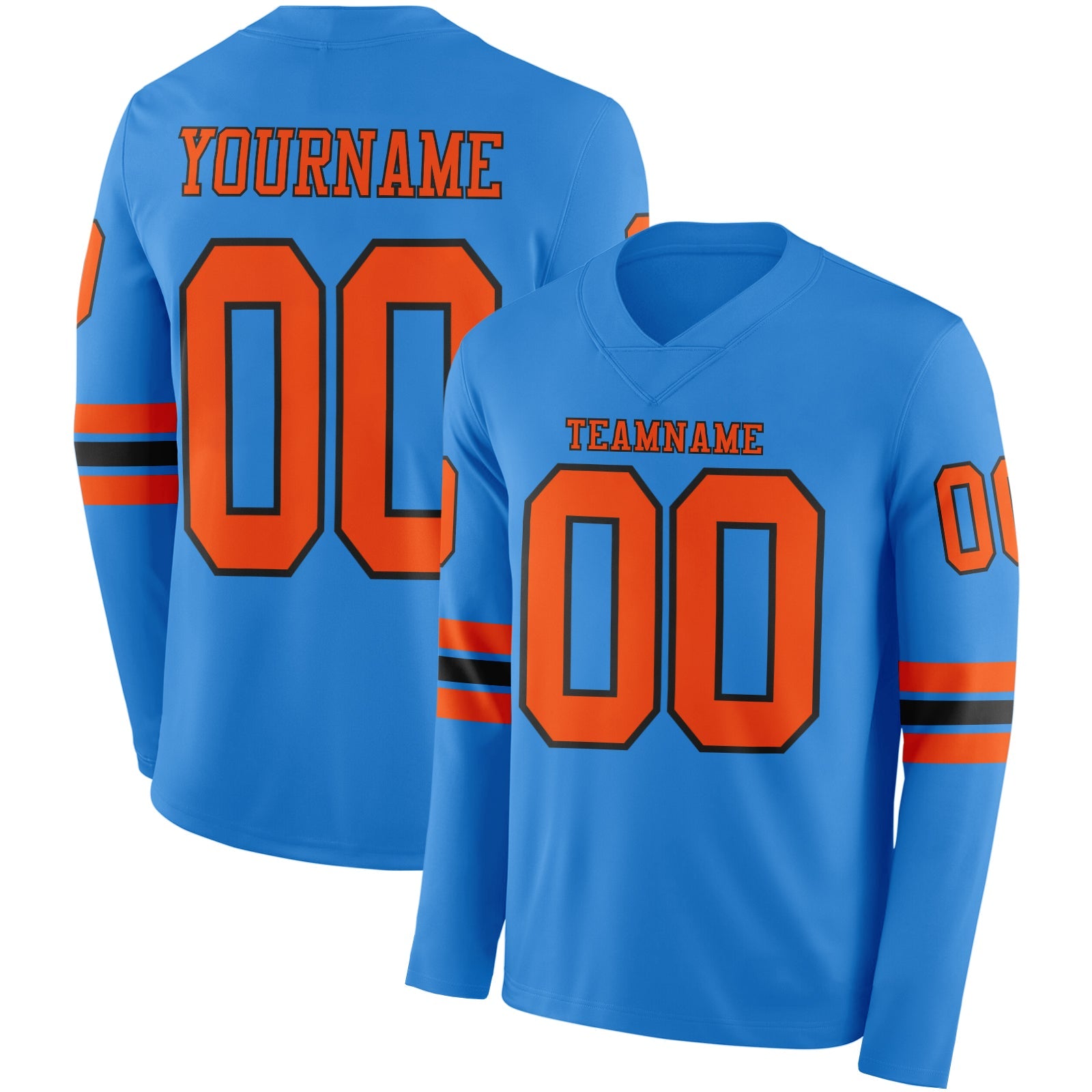Custom Powder Blue Orange-Black Long Sleeve Authentic Football Jersey - Main View
