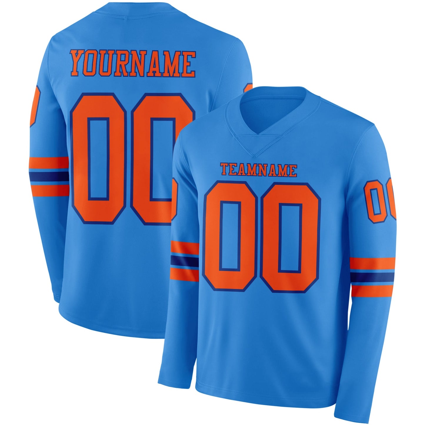 Custom Powder Blue Orange-Royal Long Sleeve Authentic Football Jersey - Main View