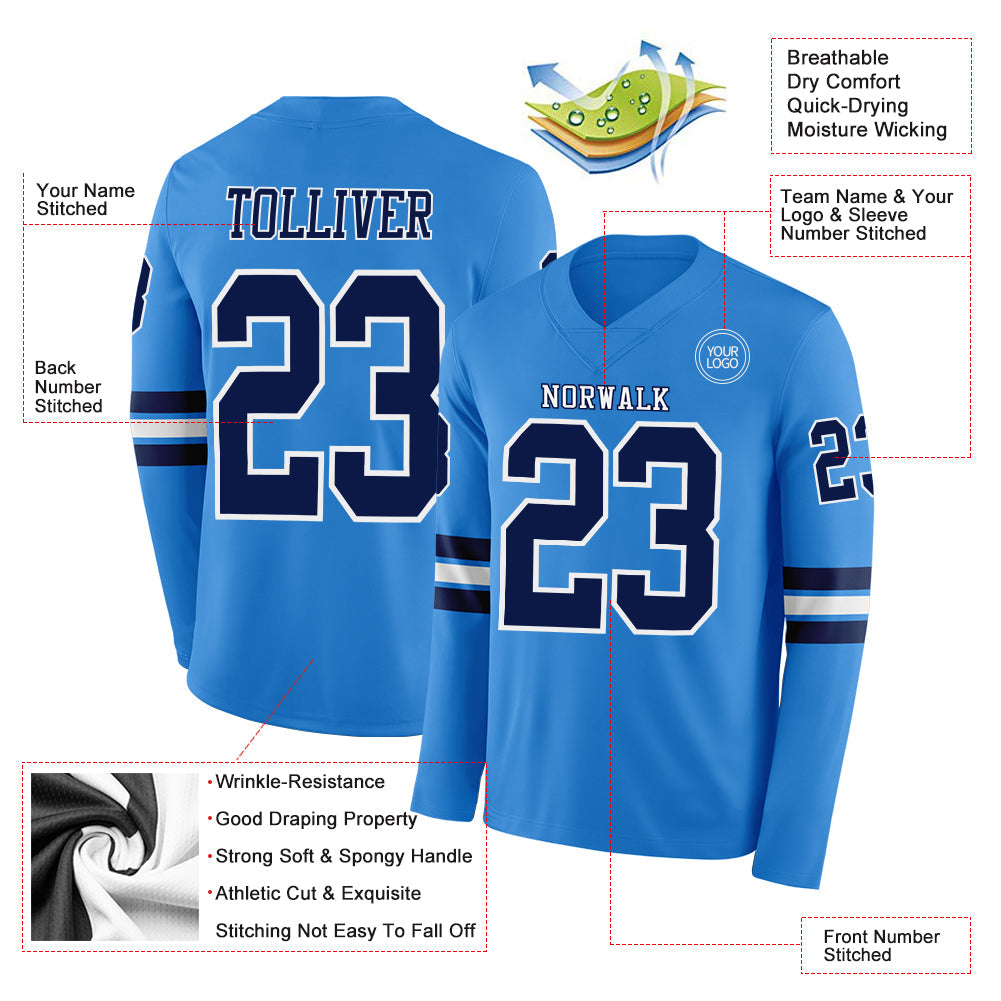 Custom Powder Blue Navy-White Long Sleeve Authentic Football Jersey view 2