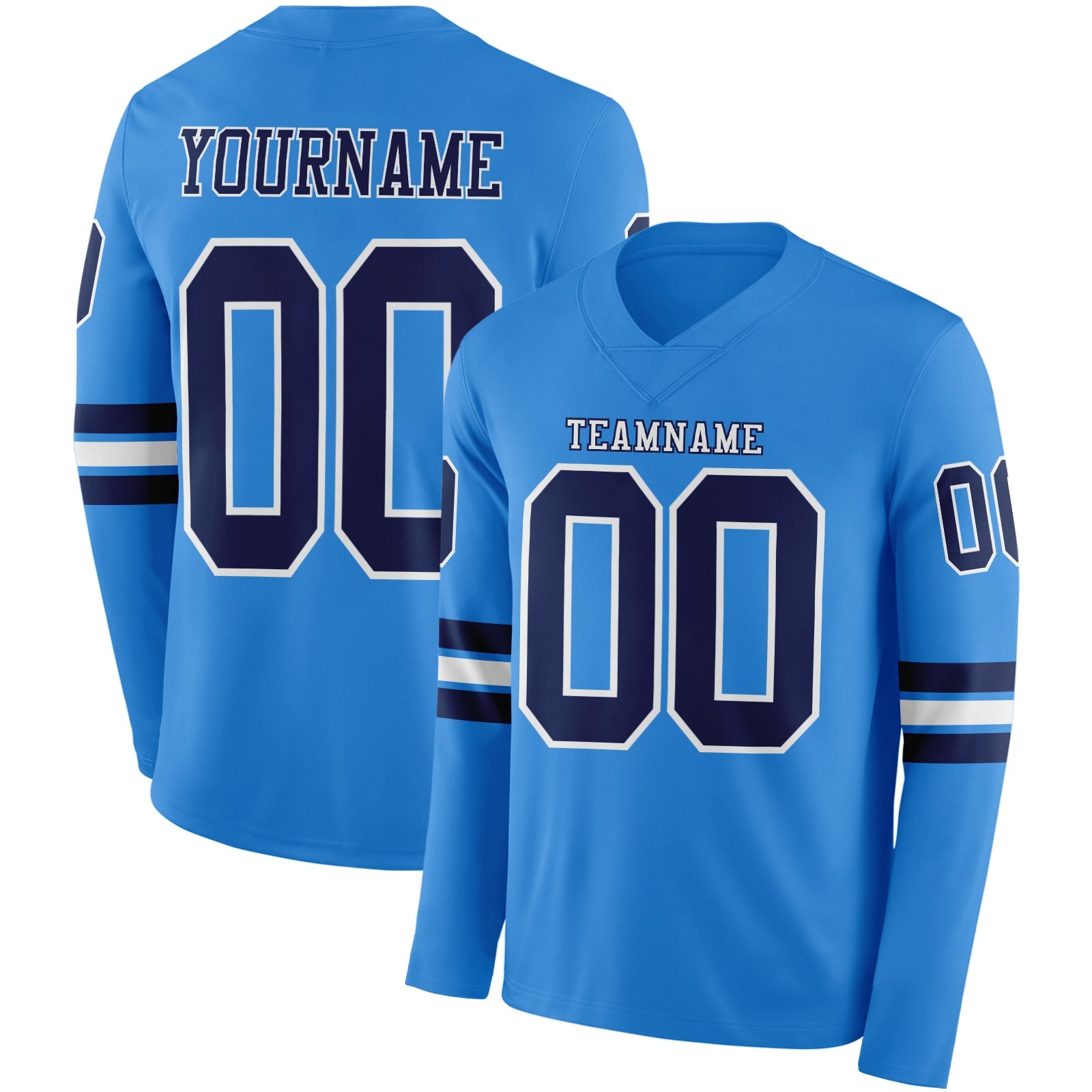 Custom Powder Blue Navy-White Long Sleeve Authentic Football Jersey - Main View