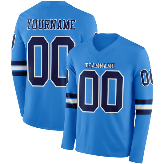 Custom Powder Blue Navy-White Long Sleeve Authentic Football Jersey - Main View
