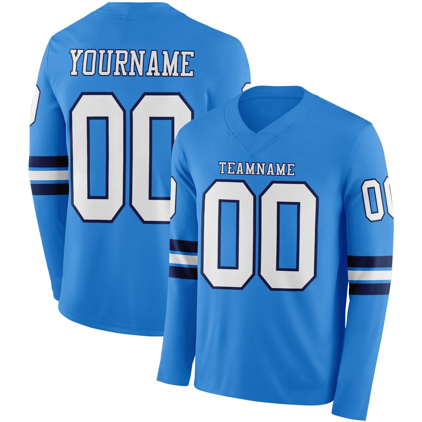 Custom Powder Blue White-Navy Long Sleeve Authentic Football Jersey - Main View