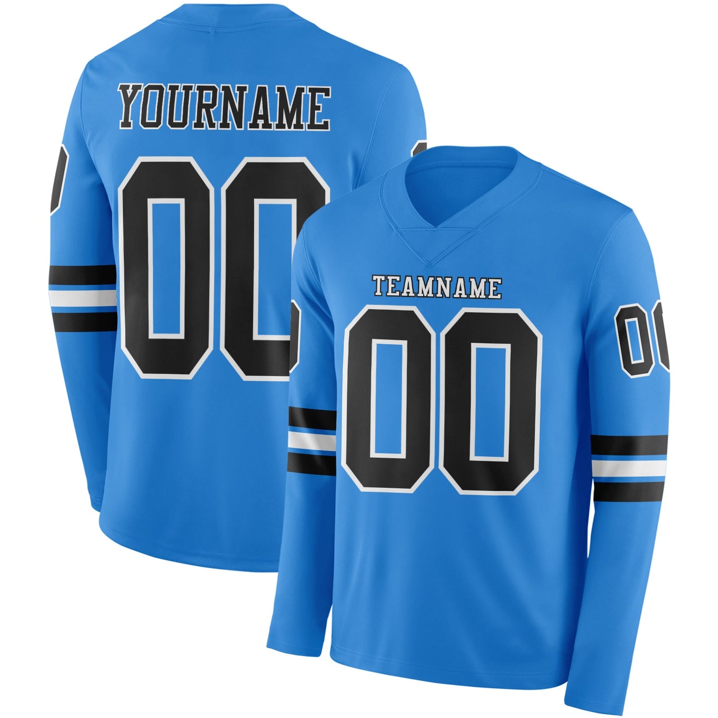 Custom Powder Blue Black-White Long Sleeve Authentic Football Jersey - Main View