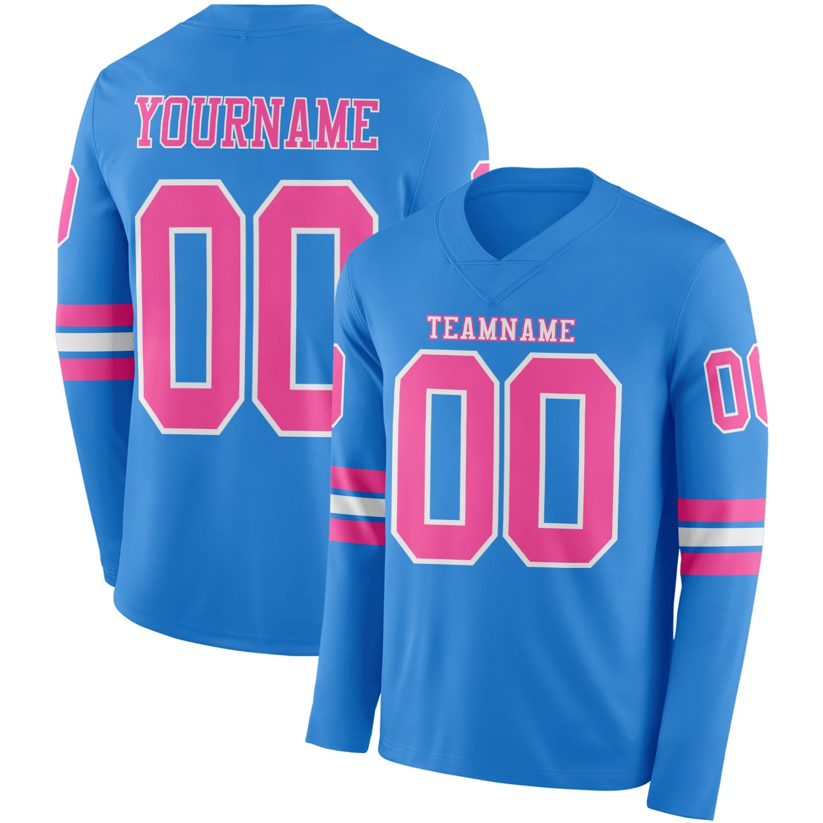 Custom Powder Blue Pink-White Long Sleeve Authentic Football Jersey - Main View