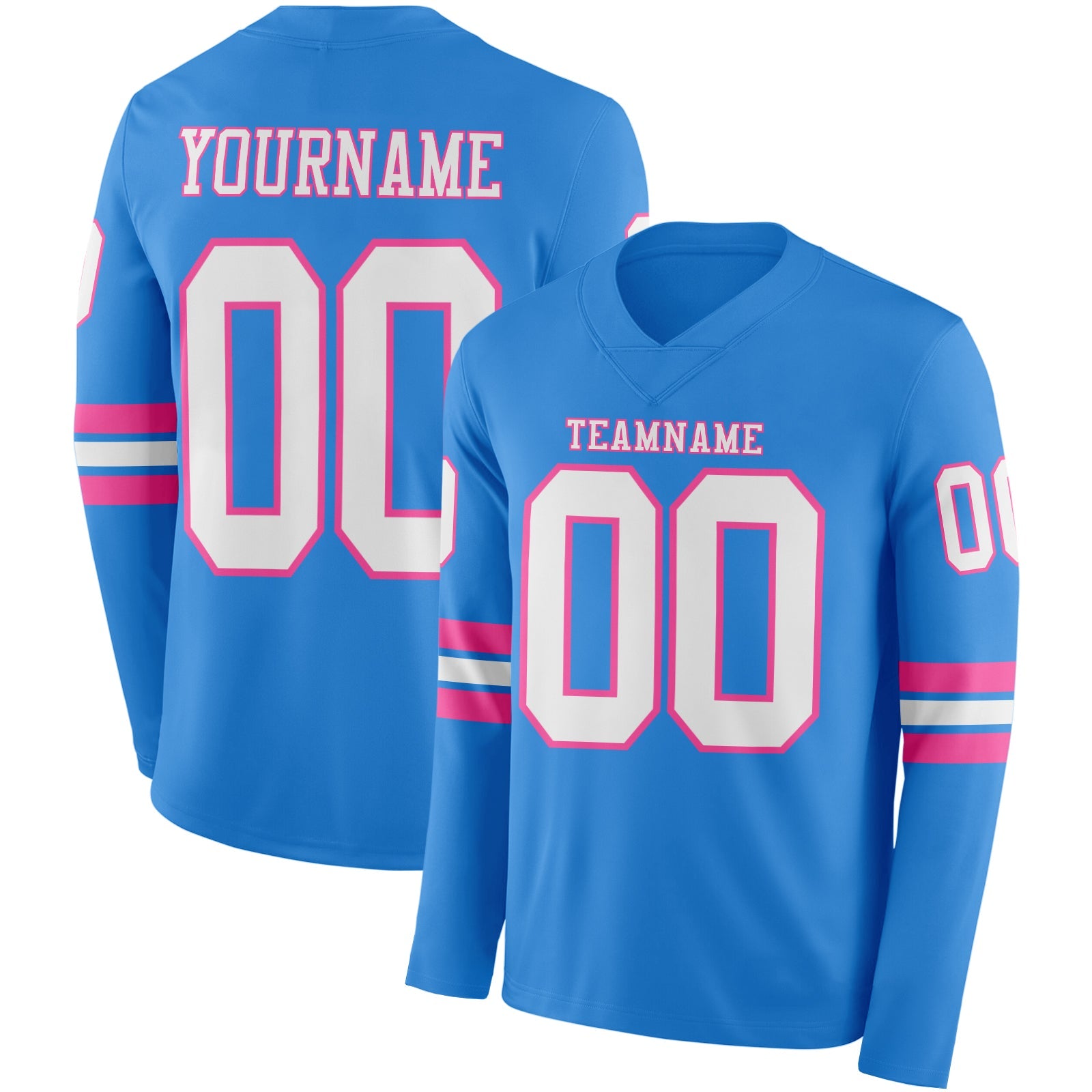 Custom Powder Blue White-Pink Long Sleeve Authentic Football Jersey - Main View