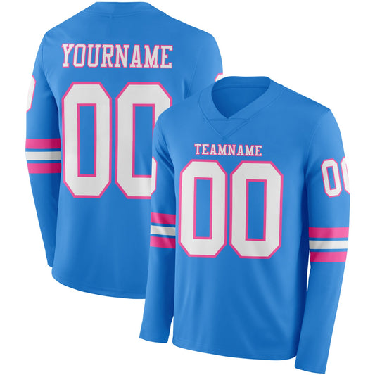 Custom Powder Blue White-Pink Long Sleeve Authentic Football Jersey - Main View