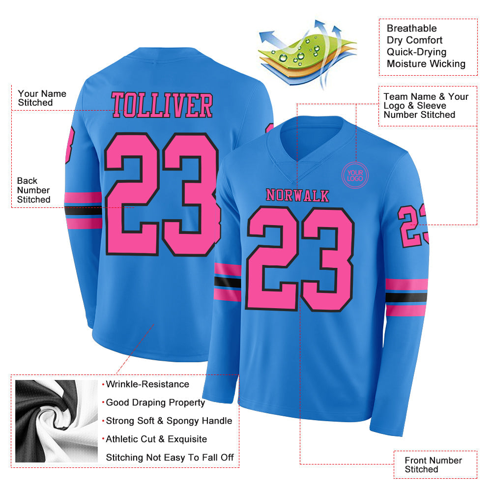 Custom Powder Blue Pink-Black Long Sleeve Authentic Football Jersey view 2