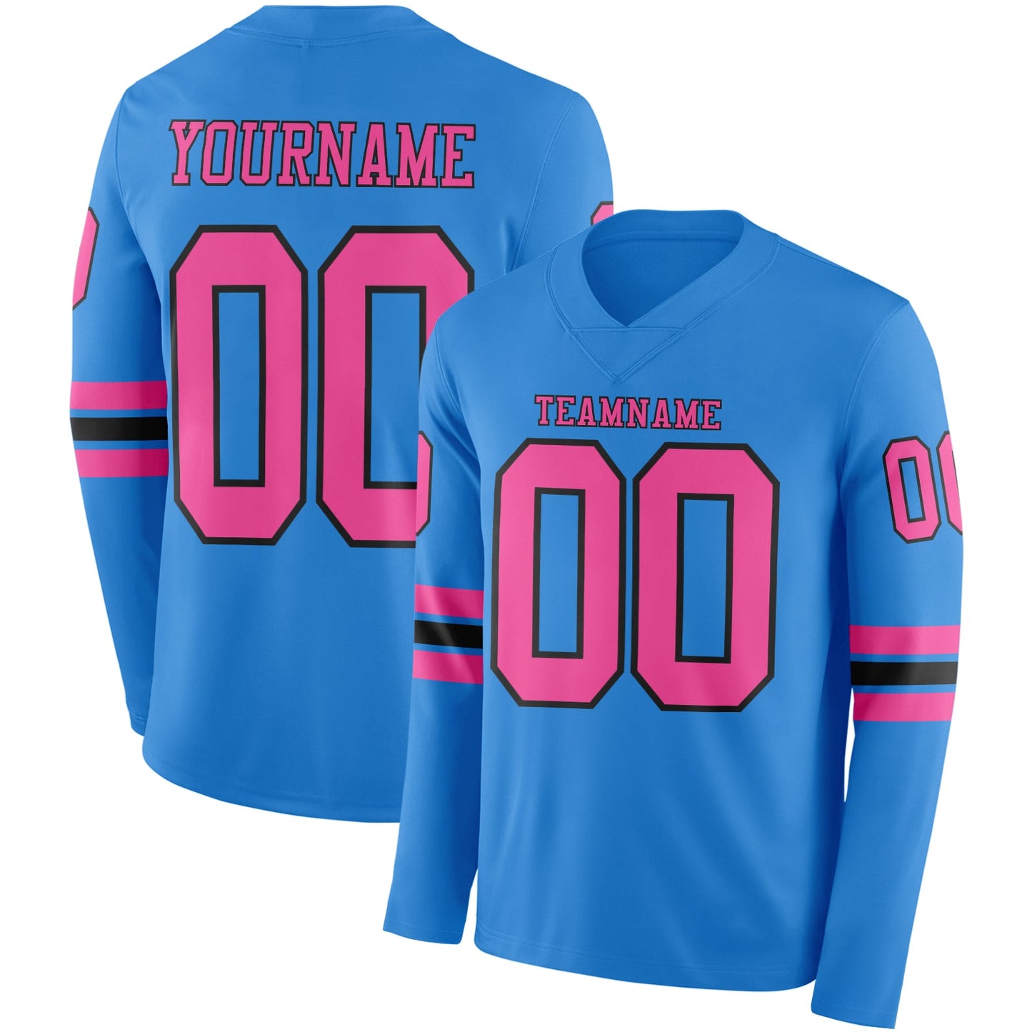 Custom Powder Blue Pink-Black Long Sleeve Authentic Football Jersey - Main View