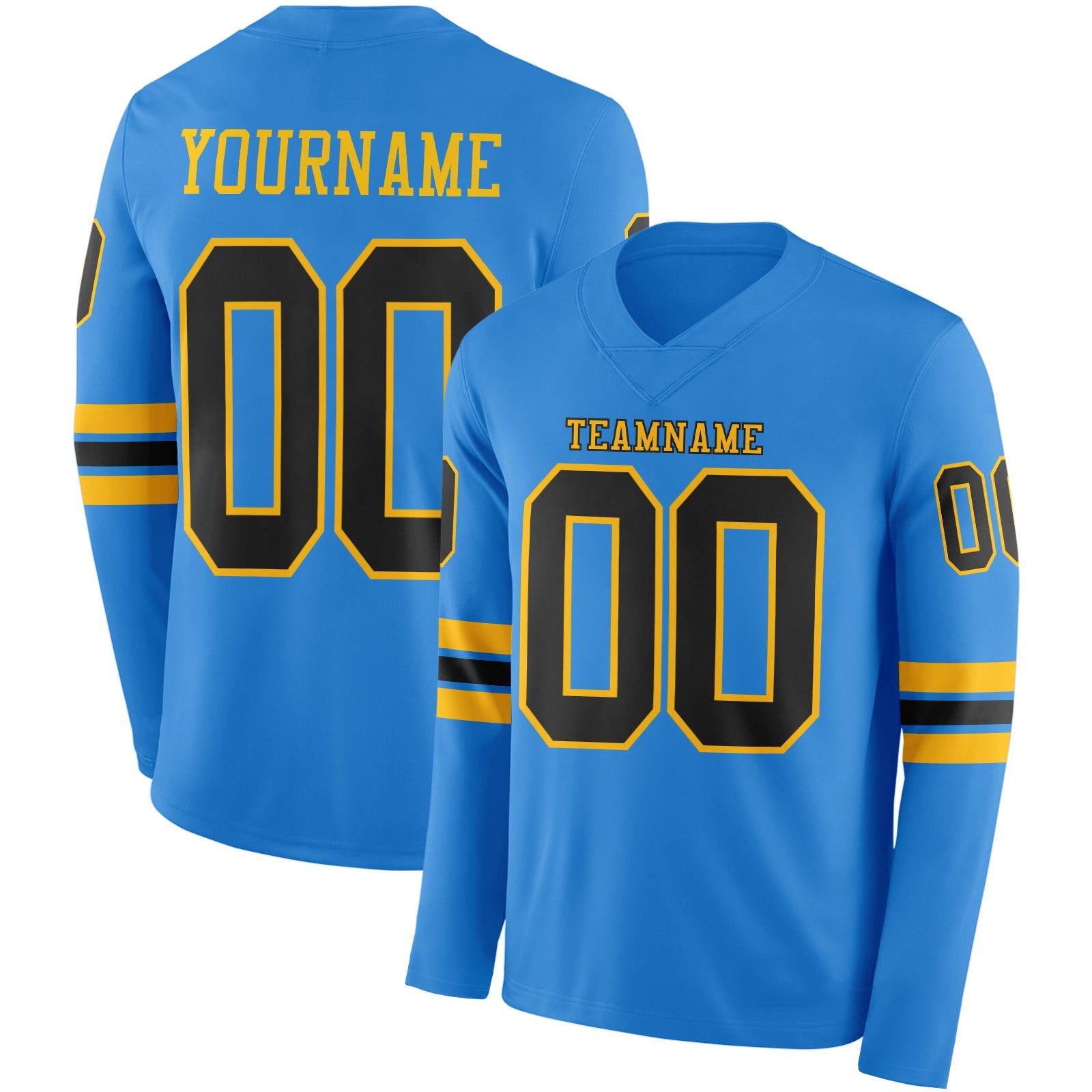 Custom Powder Blue Black-Gold Long Sleeve Authentic Football Jersey - Main View