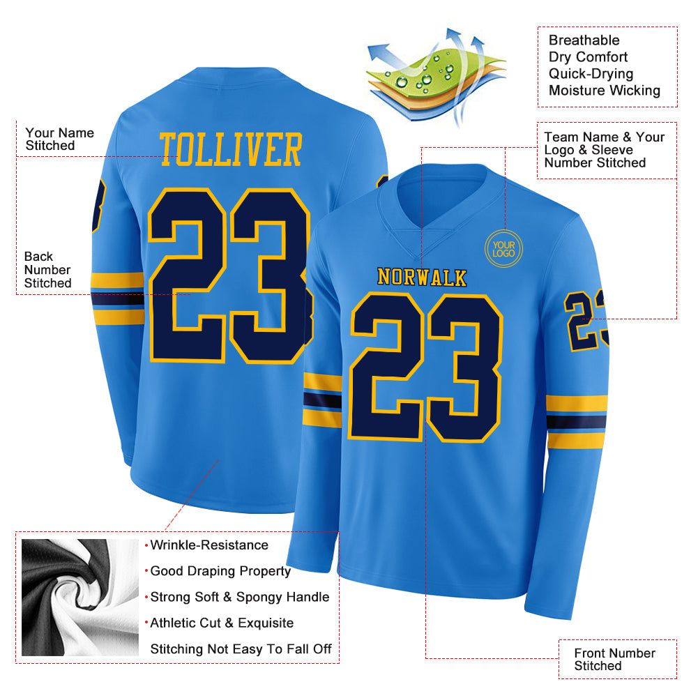 Custom Powder Blue Navy-Gold Long Sleeve Authentic Football Jersey view 2
