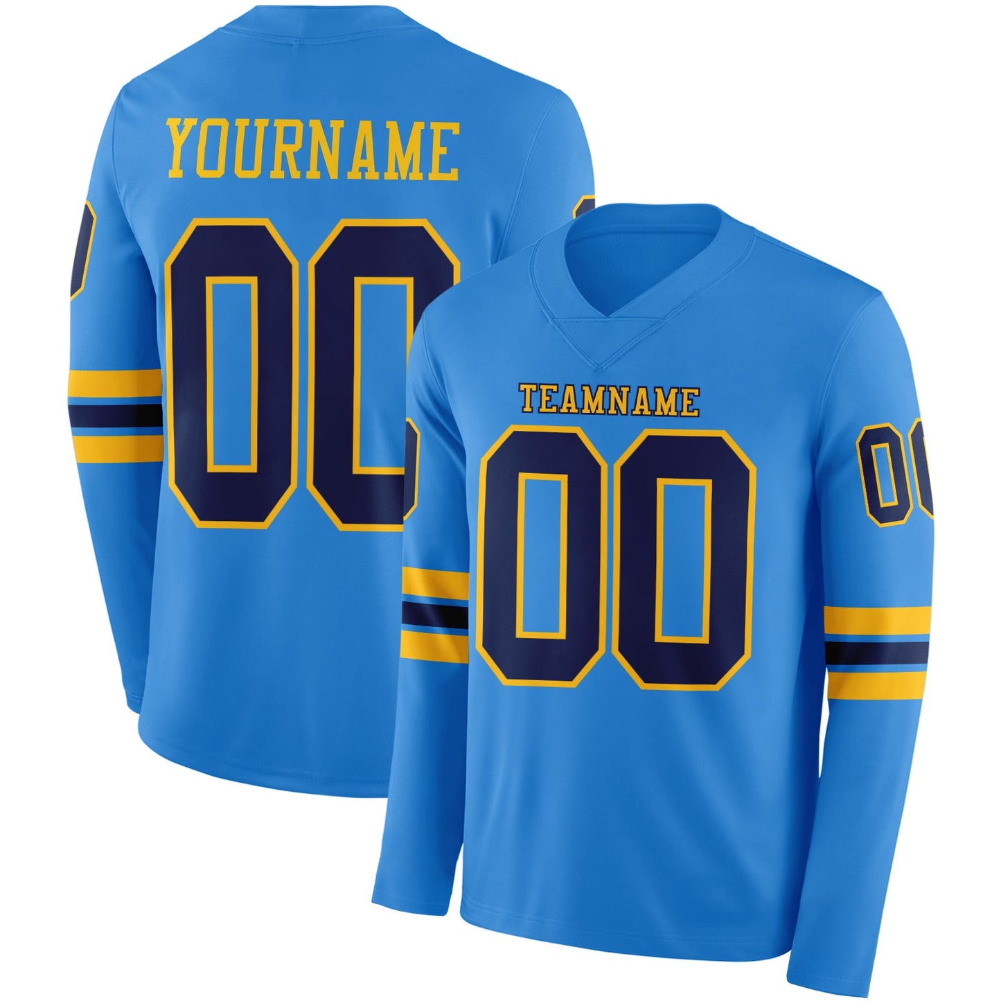 Custom Powder Blue Navy-Gold Long Sleeve Authentic Football Jersey - Main View