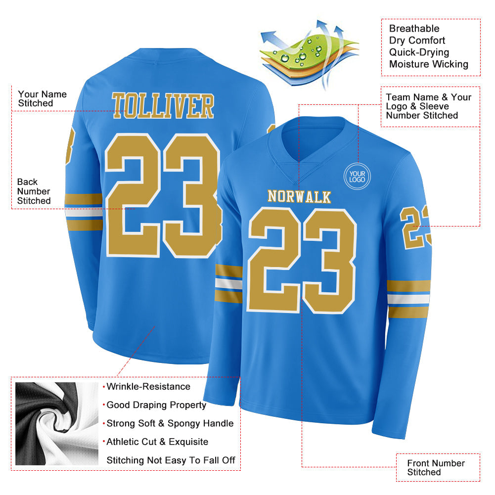 Custom Powder Blue Old Gold-White Long Sleeve Authentic Football Jersey view 2
