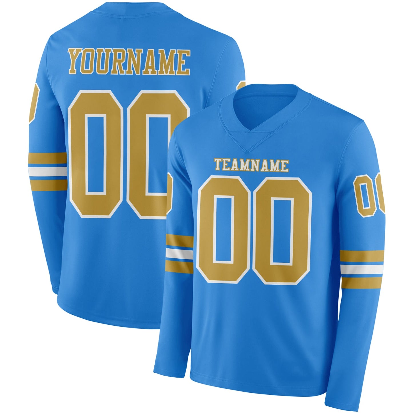 Custom Powder Blue Old Gold-White Long Sleeve Authentic Football Jersey - Main View
