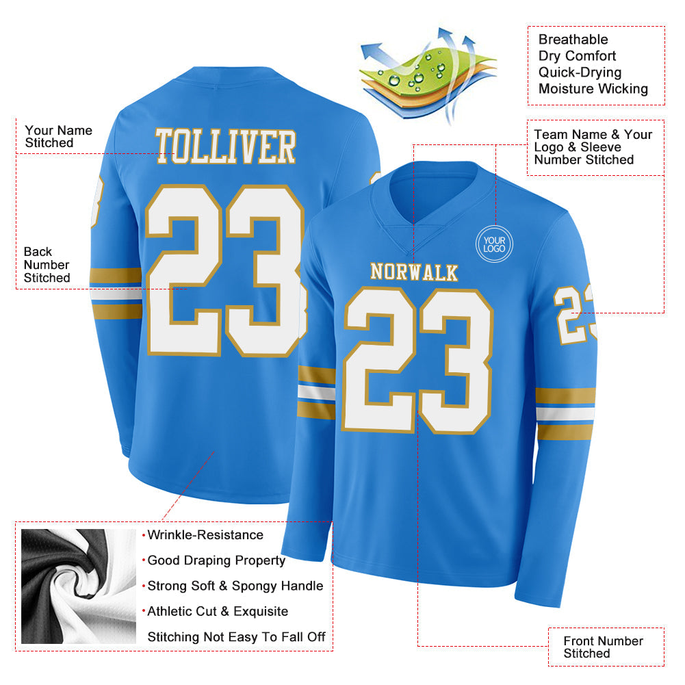 Custom Powder Blue White-Old Gold Long Sleeve Authentic Football Jersey view 2
