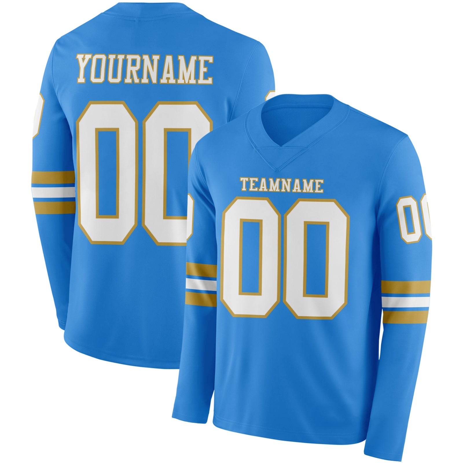 Custom Powder Blue White-Old Gold Long Sleeve Authentic Football Jersey - Main View