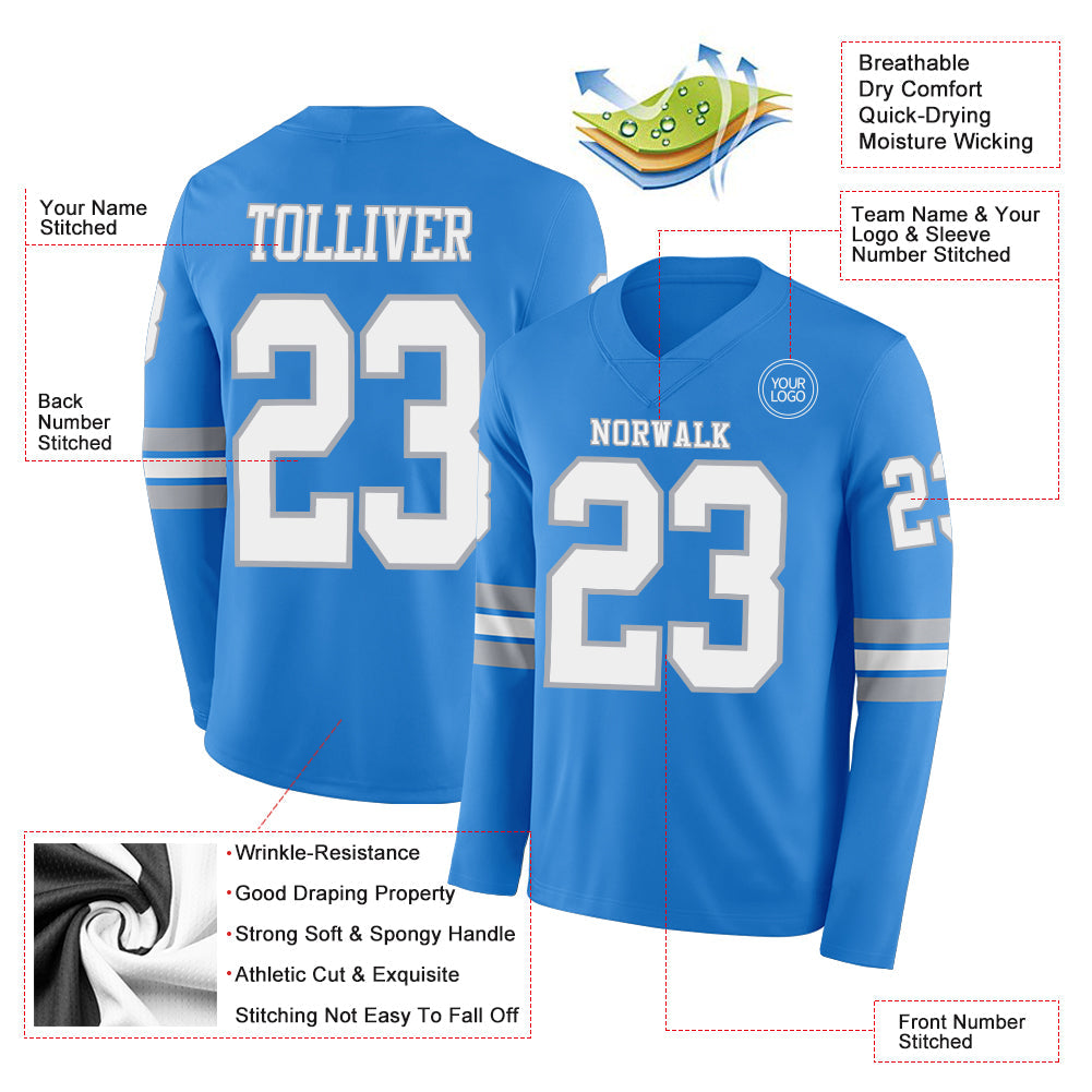 Custom Powder Blue White-Gray Long Sleeve Authentic Football Jersey view 2