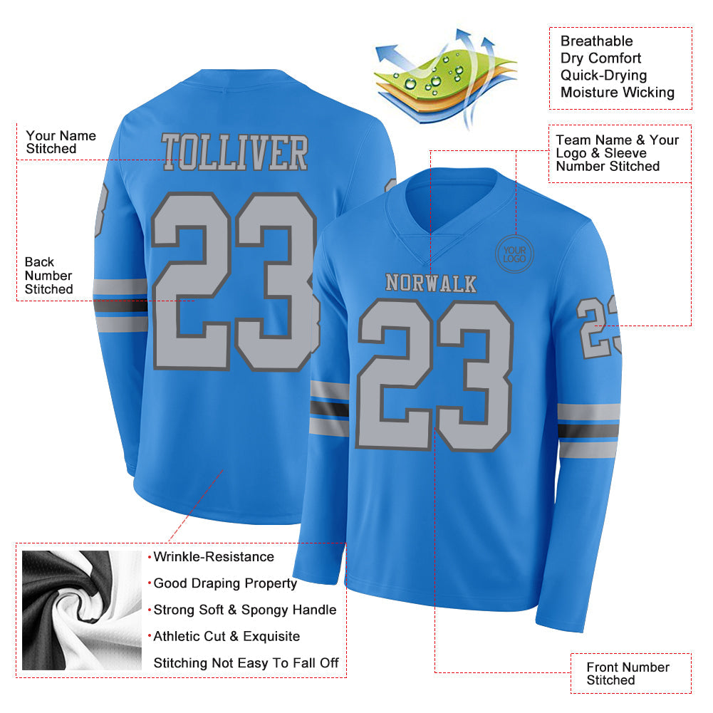 Custom Powder Blue Gray-Steel Gray Long Sleeve Authentic Football Jersey view 2
