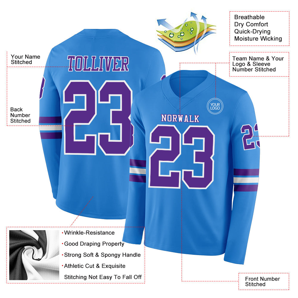 Custom Powder Blue Purple-White Long Sleeve Authentic Football Jersey view 2