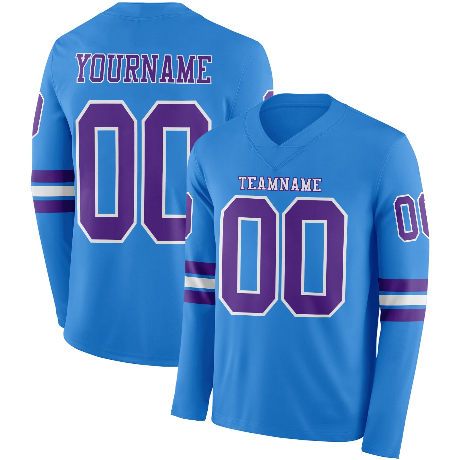 Custom Powder Blue Purple-White Long Sleeve Authentic Football Jersey - Main View