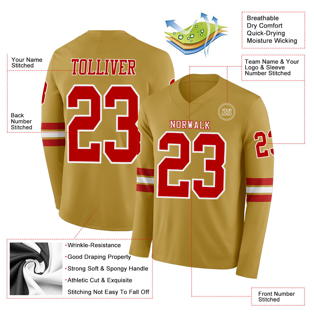Custom Old Gold Red-White Long Sleeve Authentic Football Jersey view 2