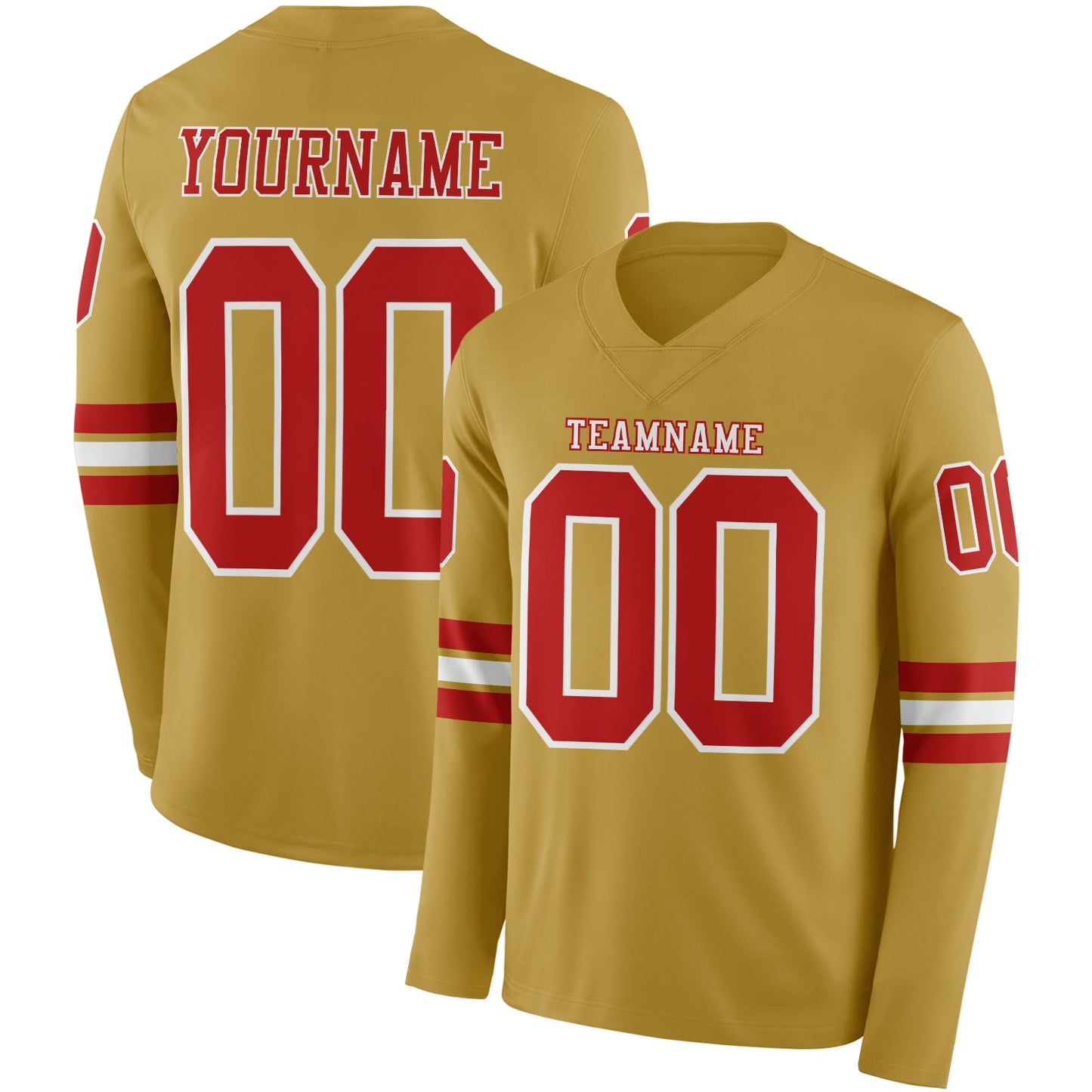 Custom Old Gold Red-White Long Sleeve Authentic Football Jersey - Main View