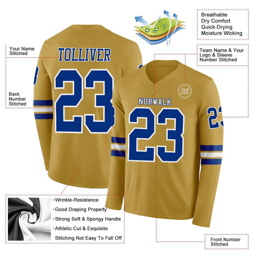 Custom Old Gold Royal-White Long Sleeve Authentic Football Jersey view 2