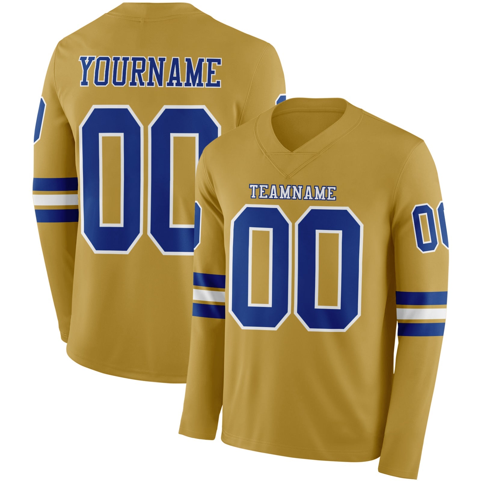 Custom Old Gold Royal-White Long Sleeve Authentic Football Jersey - Main View