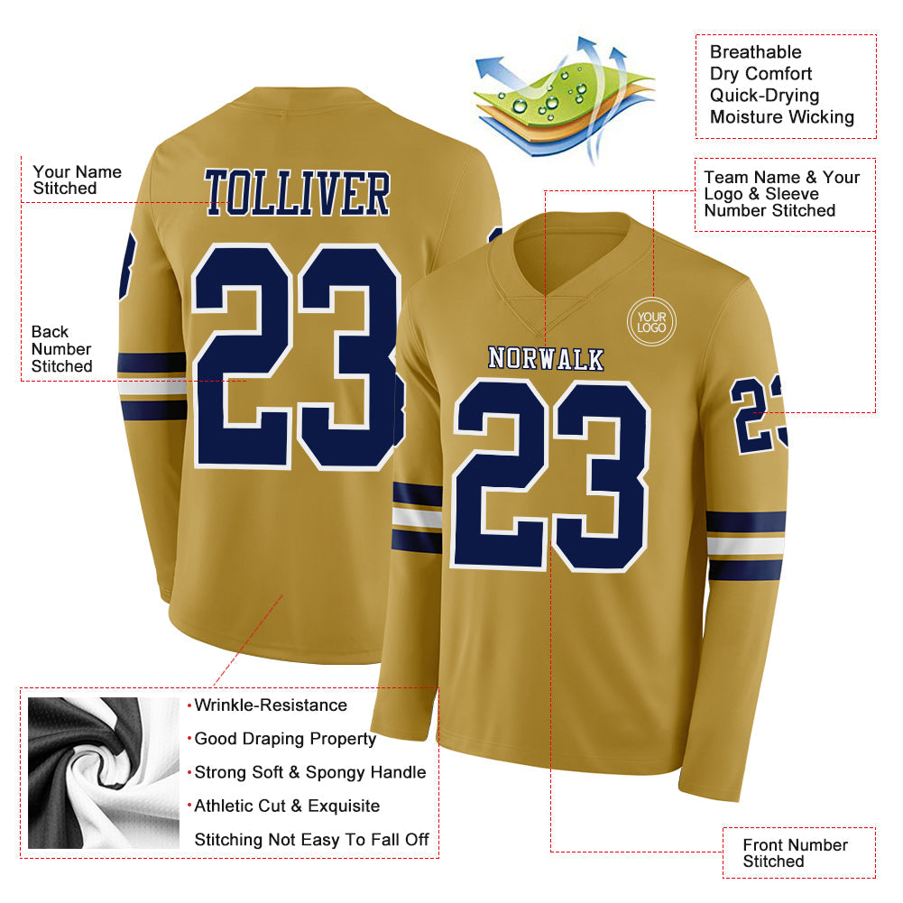 Custom Old Gold Navy-White Long Sleeve Authentic Football Jersey view 2