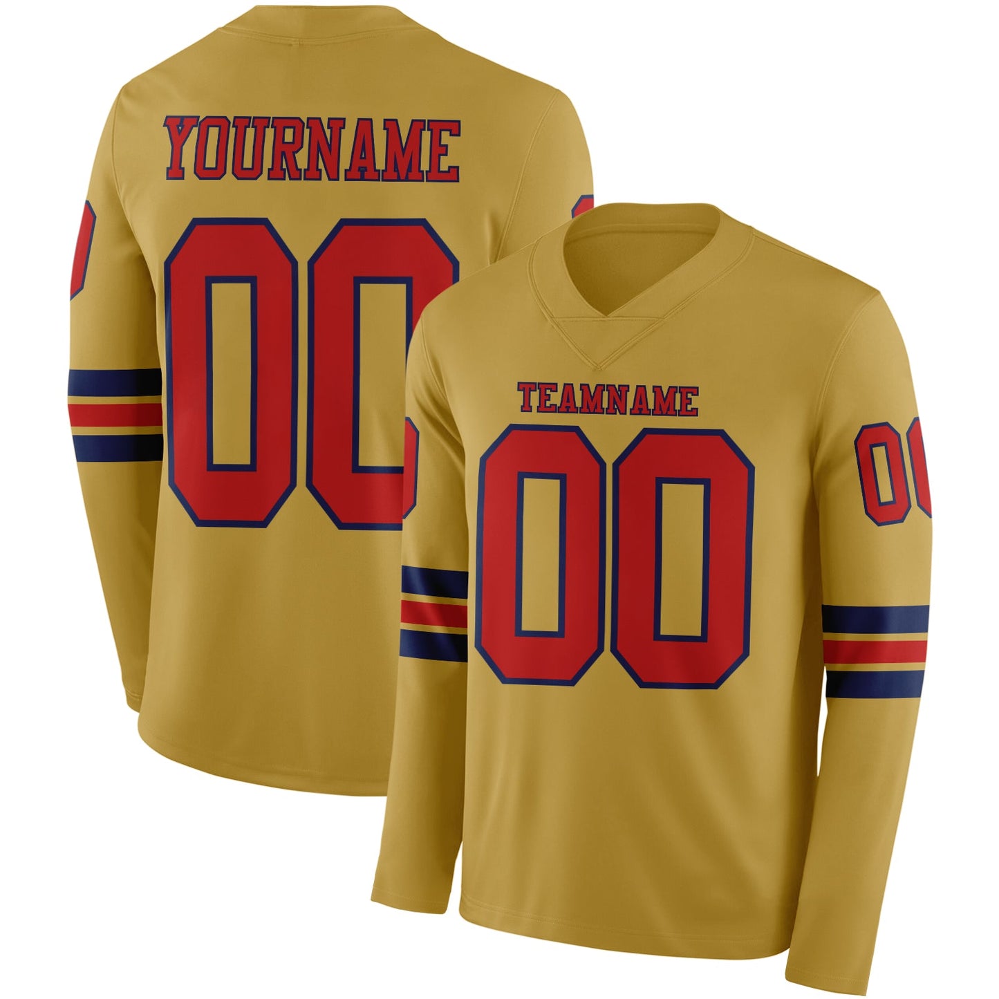 Custom Old Gold Red-Navy Long Sleeve Authentic Football Jersey - Main View