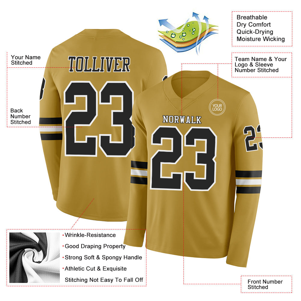 Custom Old Gold Black-White Long Sleeve Authentic Football Jersey view 2