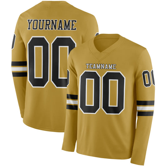 Custom Old Gold Black-White Long Sleeve Authentic Football Jersey - Main View