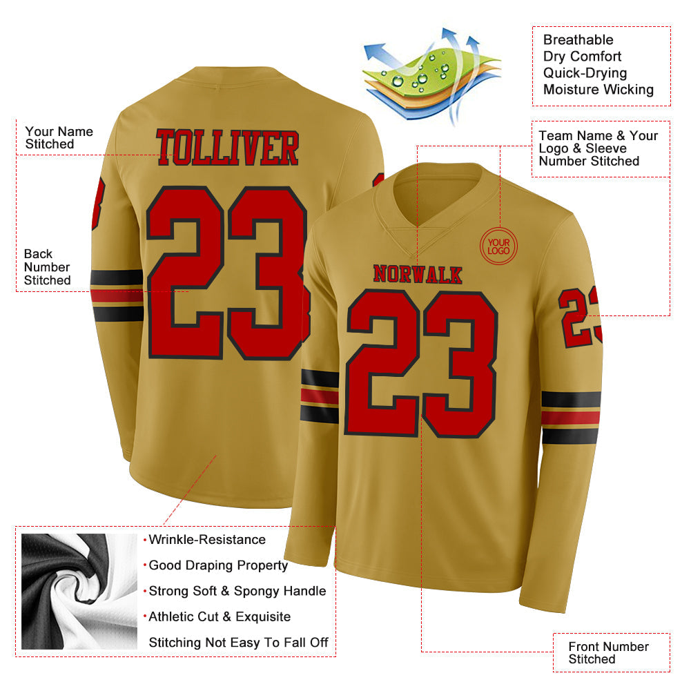 Custom Old Gold Red-Black Long Sleeve Authentic Football Jersey view 2