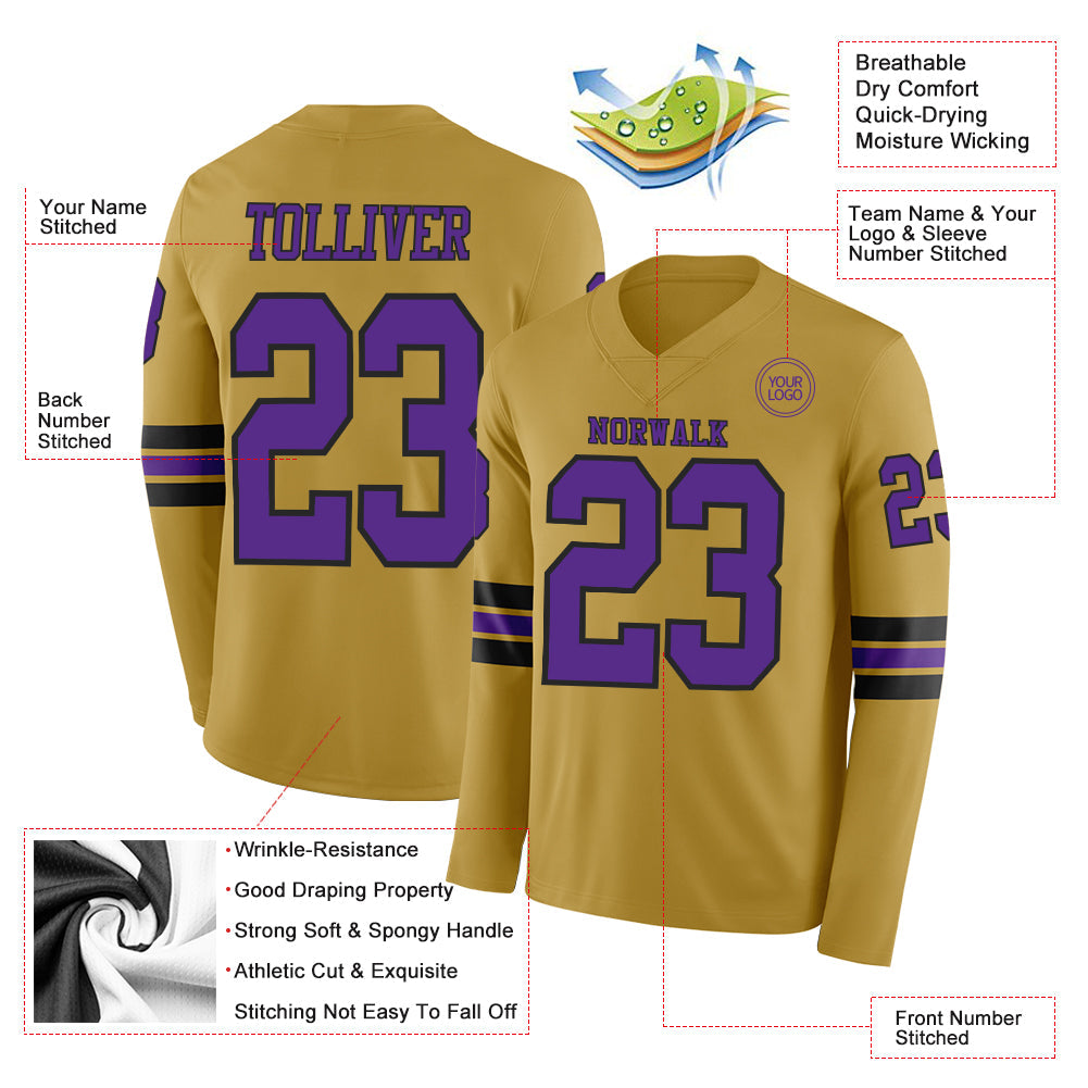 Custom Old Gold Purple-Black Long Sleeve Authentic Football Jersey view 2