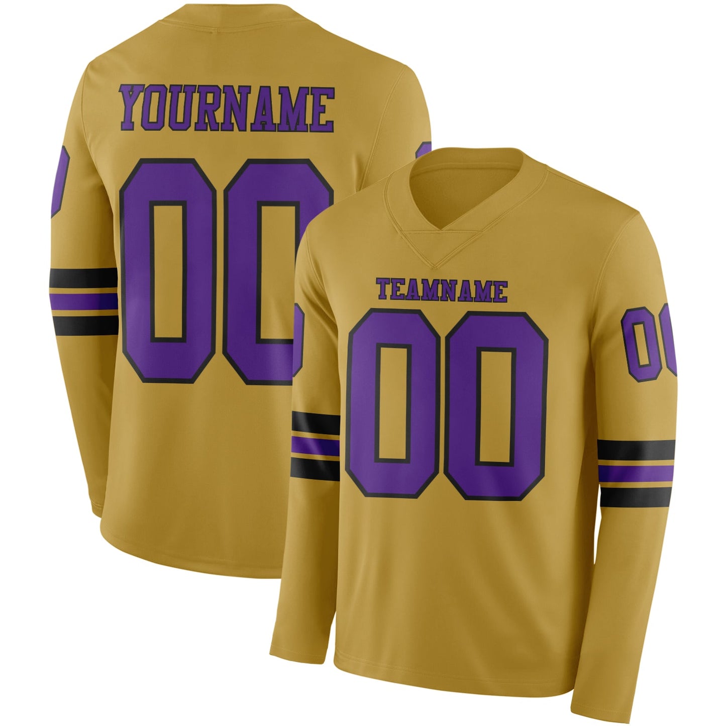 Custom Old Gold Purple-Black Long Sleeve Authentic Football Jersey - Main View
