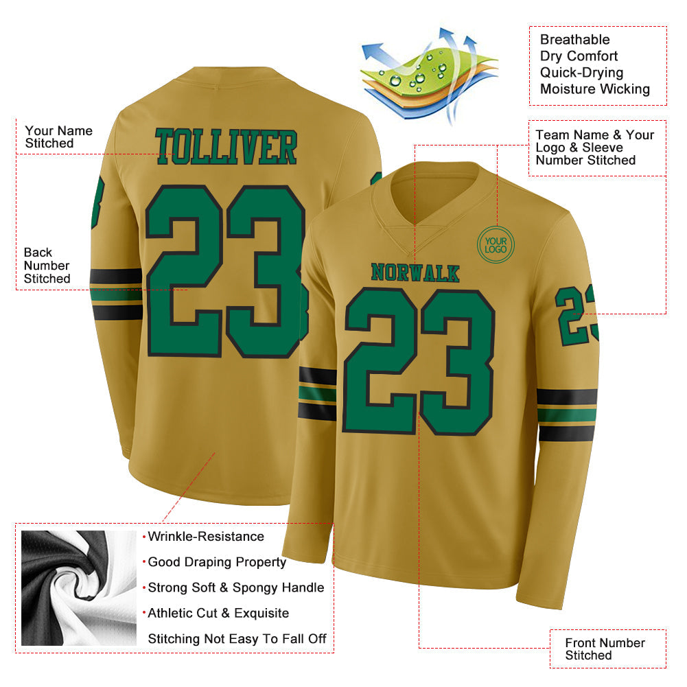 Custom Old Gold Kelly Green-Black Long Sleeve Authentic Football Jersey view 2