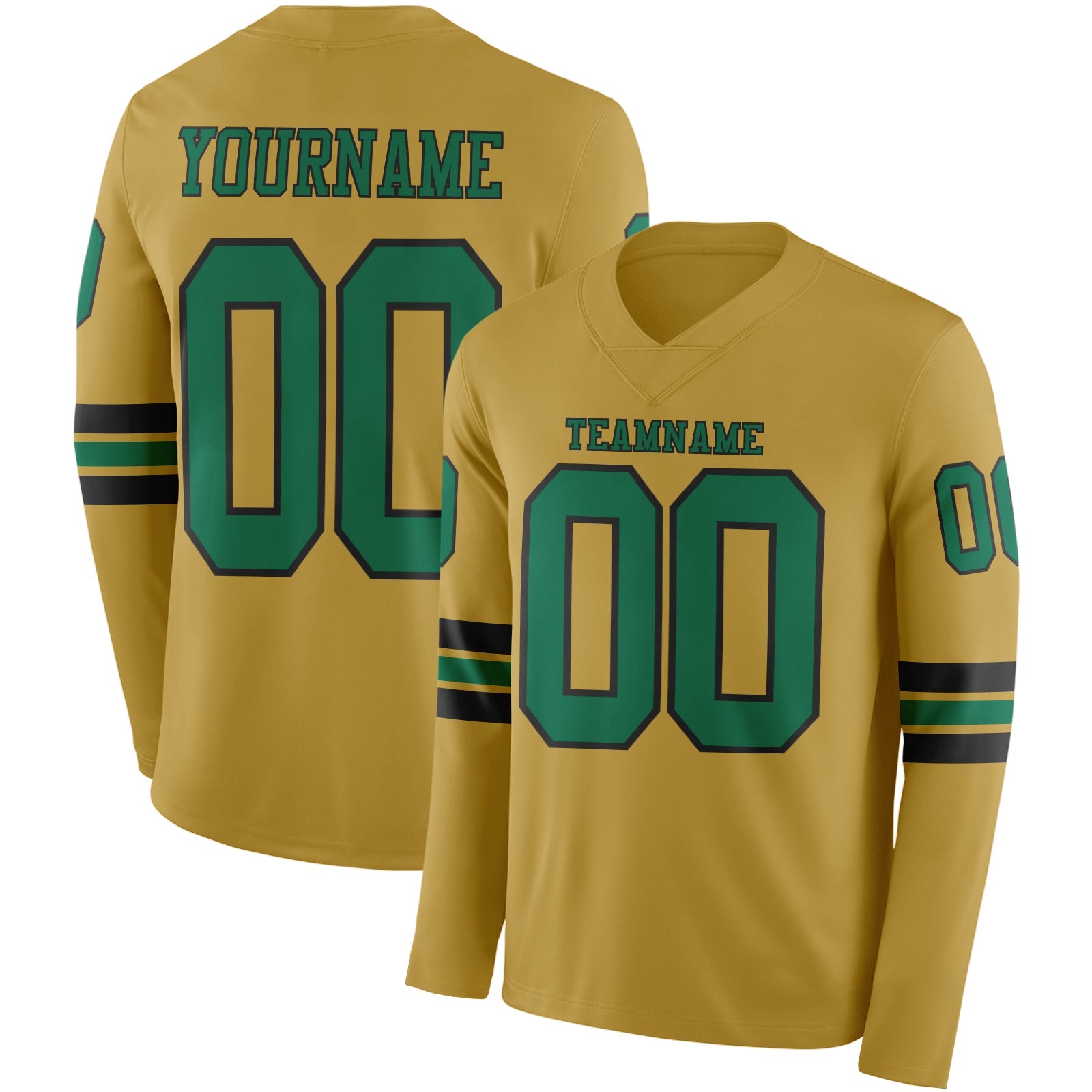 Custom Old Gold Kelly Green-Black Long Sleeve Authentic Football Jersey - Main View