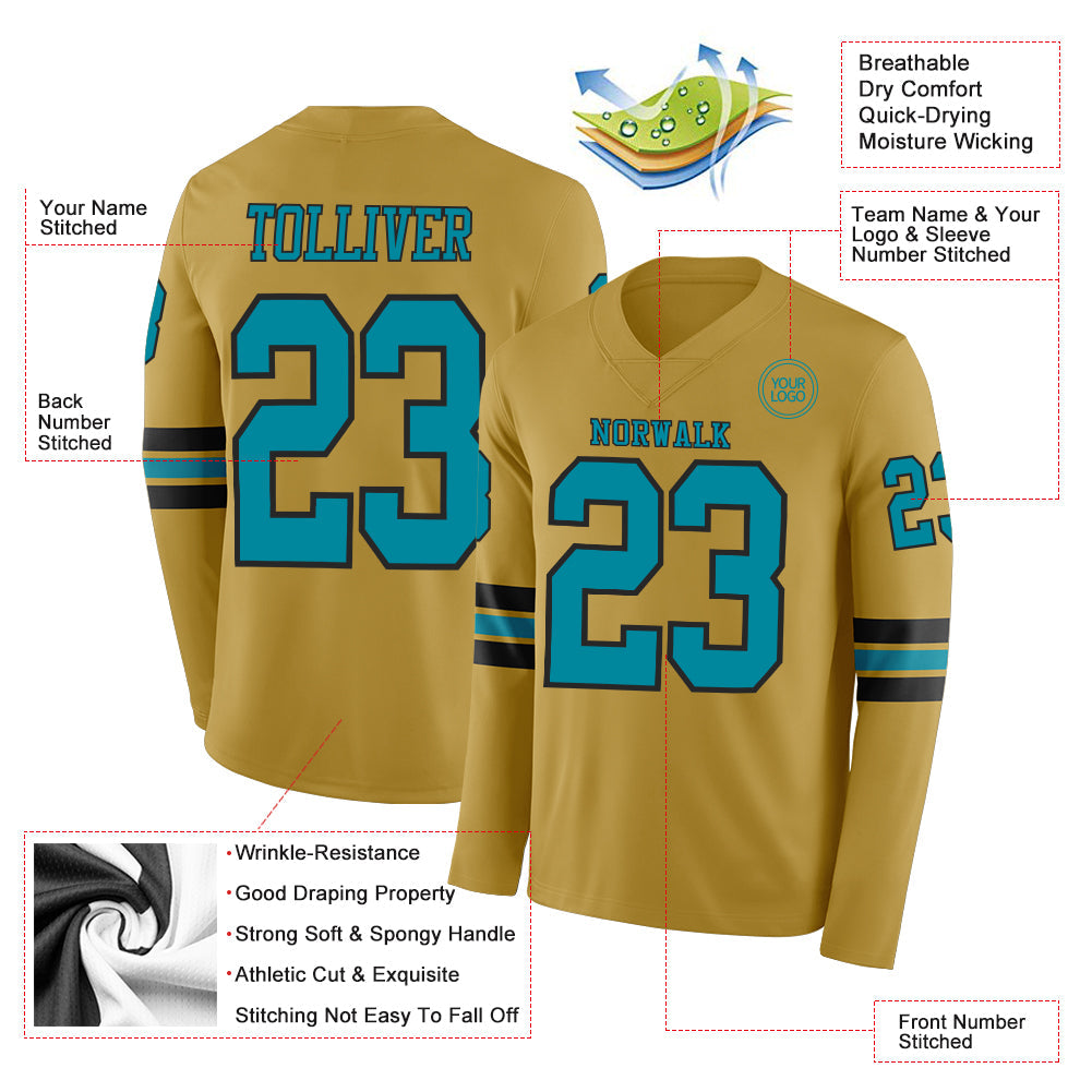 Custom Old Gold Teal-Black Long Sleeve Authentic Football Jersey view 2