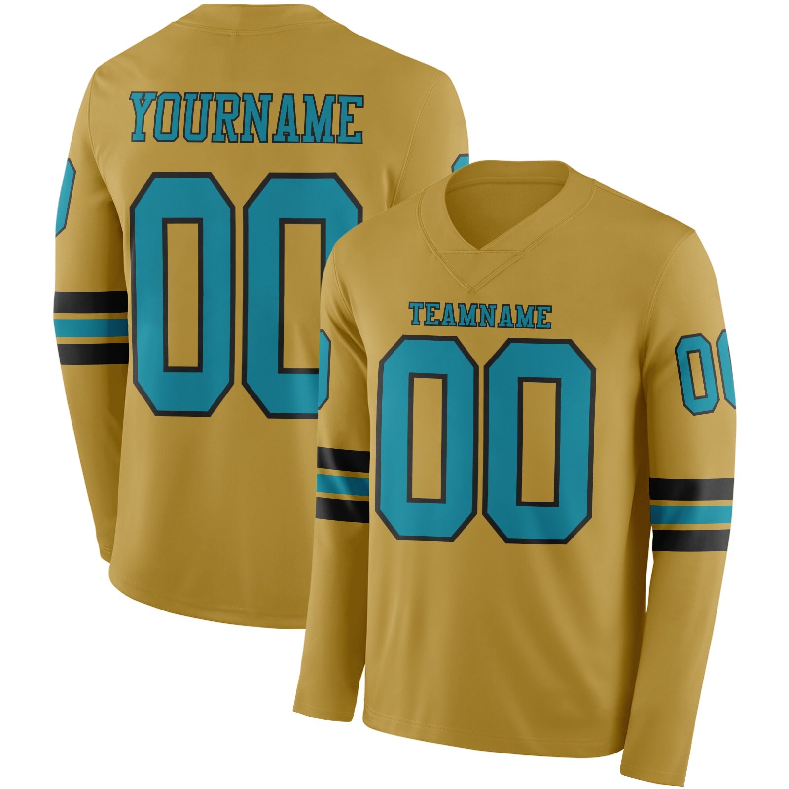 Custom Old Gold Teal-Black Long Sleeve Authentic Football Jersey - Main View