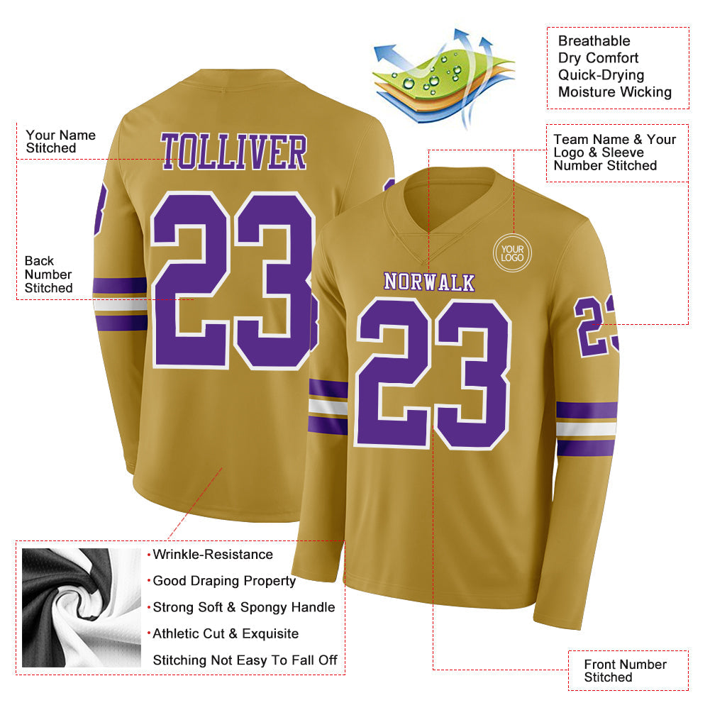 Custom Old Gold Purple-White Long Sleeve Authentic Football Jersey view 2