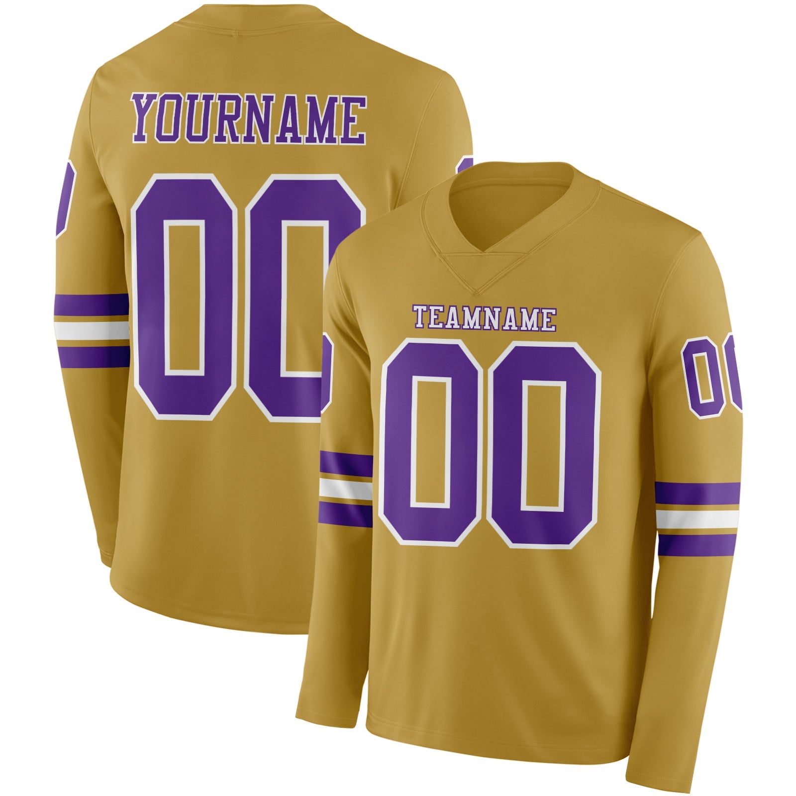 Custom Old Gold Purple-White Long Sleeve Authentic Football Jersey - Main View