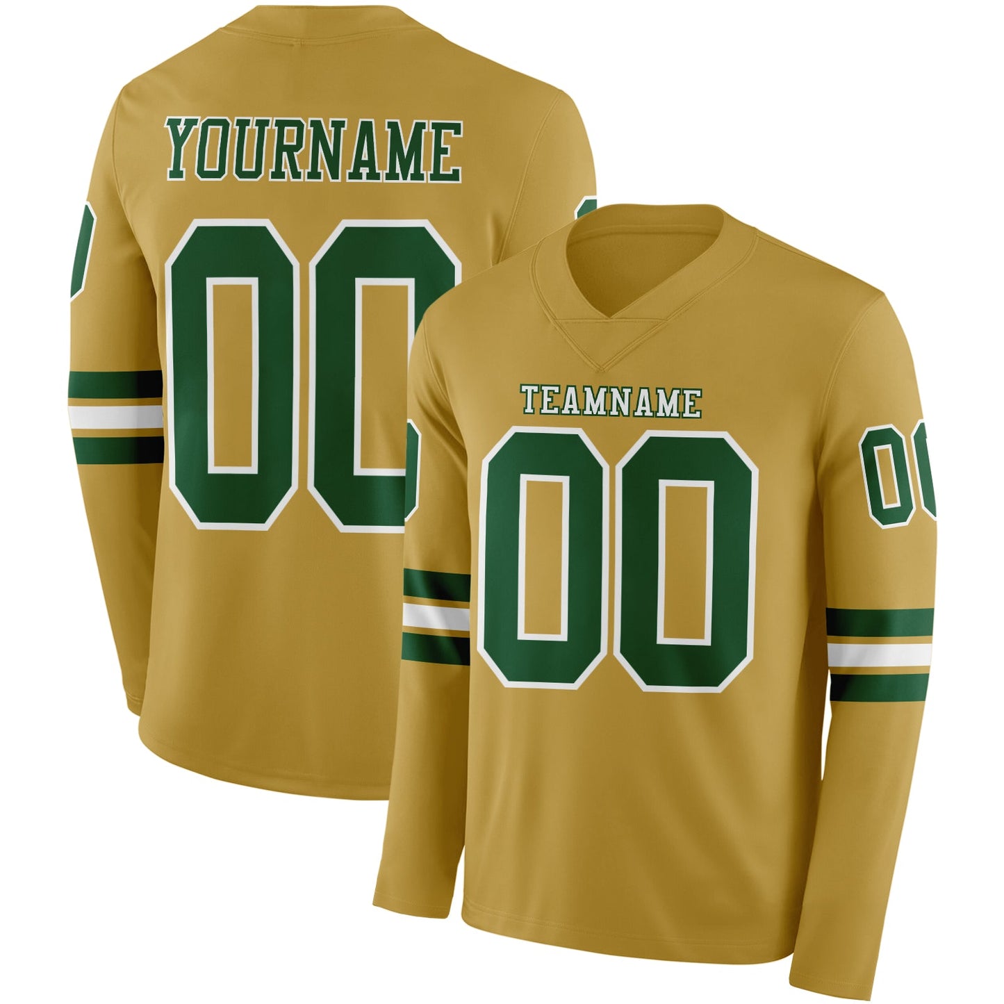 Custom Old Gold Green-White Long Sleeve Authentic Football Jersey - Main View